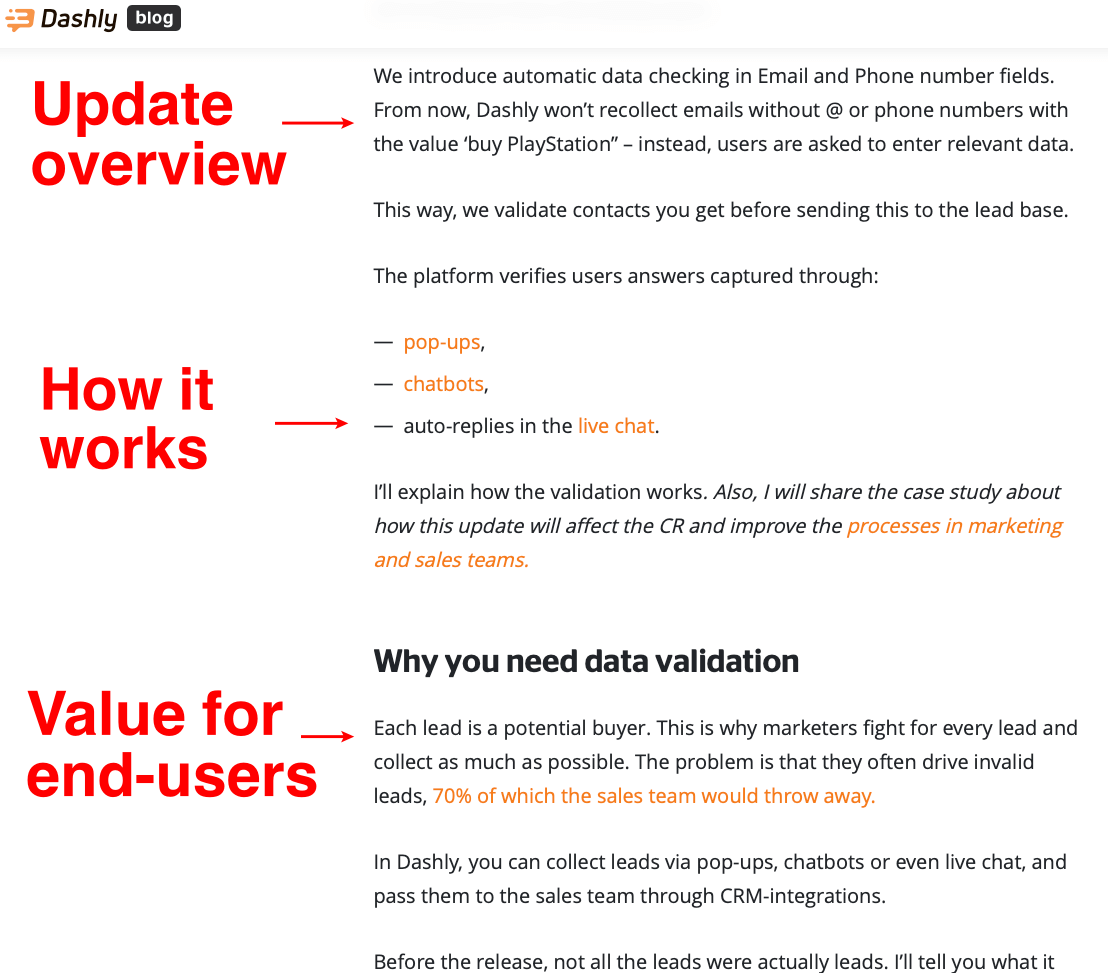The structure of Dashly's release notes