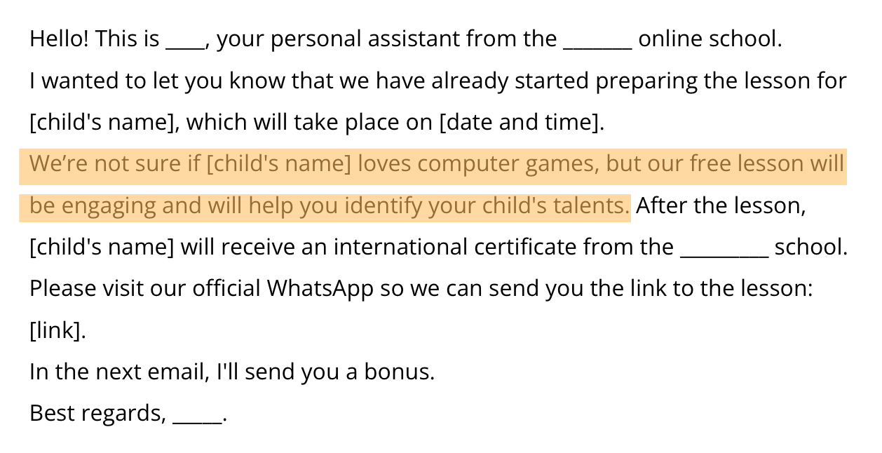 Email text when we don’t know the child’s interests.