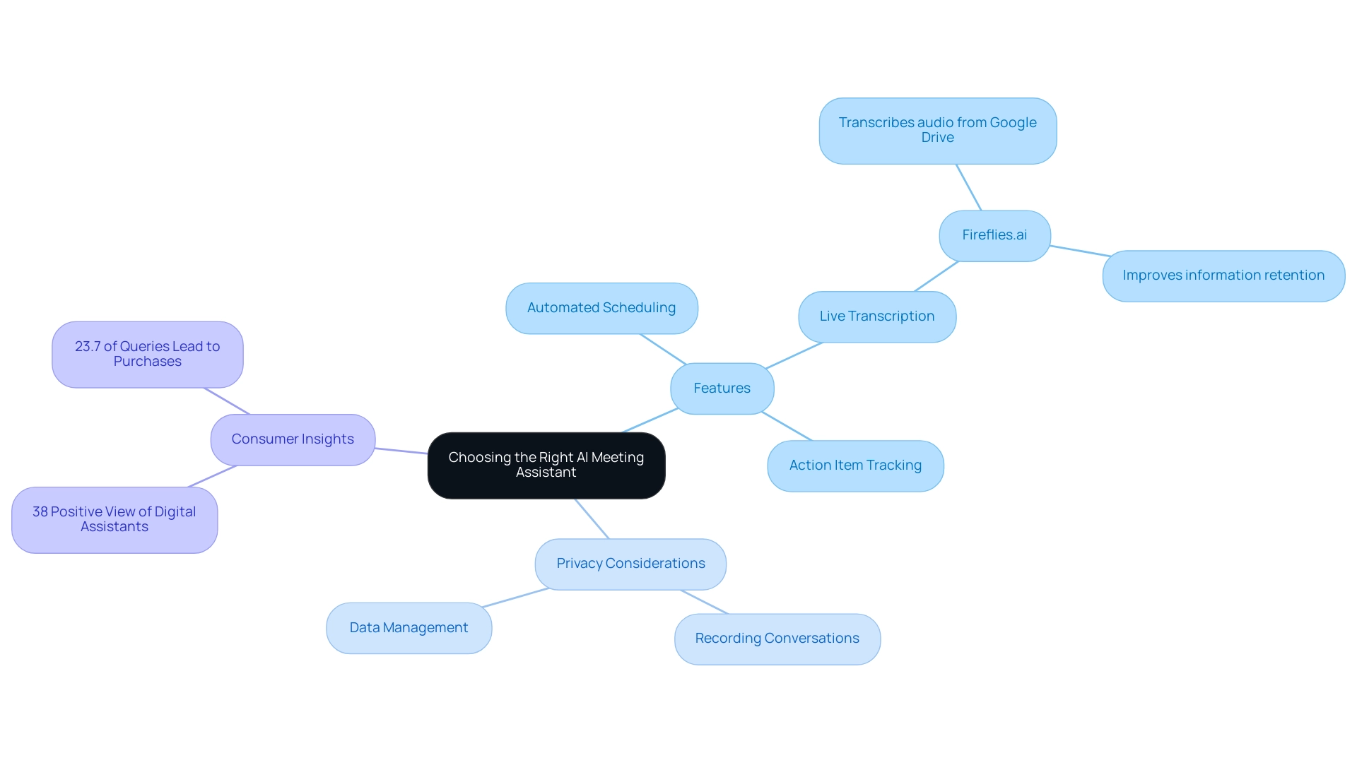 The central node represents the main topic, with branches illustrating key factors (Features, Privacy Considerations, Consumer Insights) and their respective subcategories.