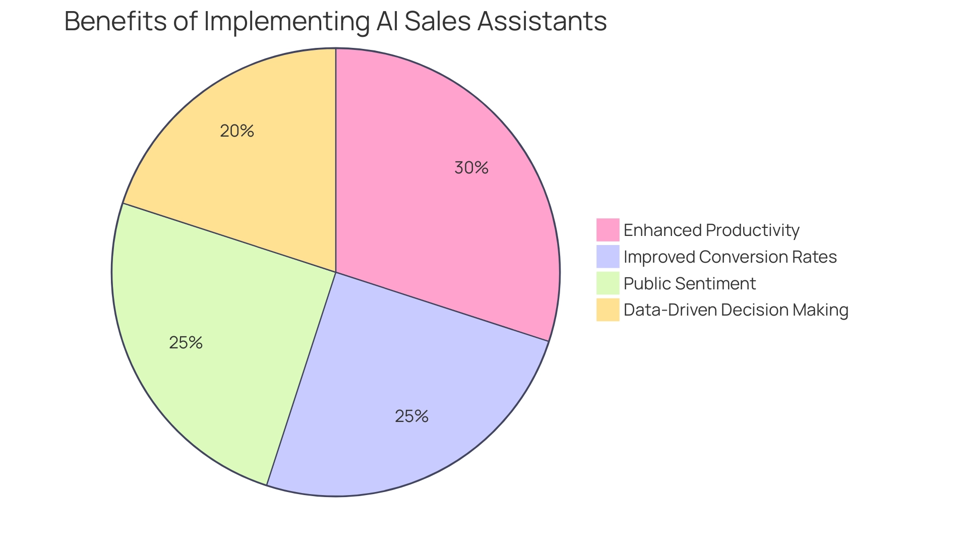 Each slice represents a benefit: Enhanced Productivity, Improved Conversion Rates, Data-Driven Decision Making, and Public Sentiment, with sizes reflecting their relative importance.