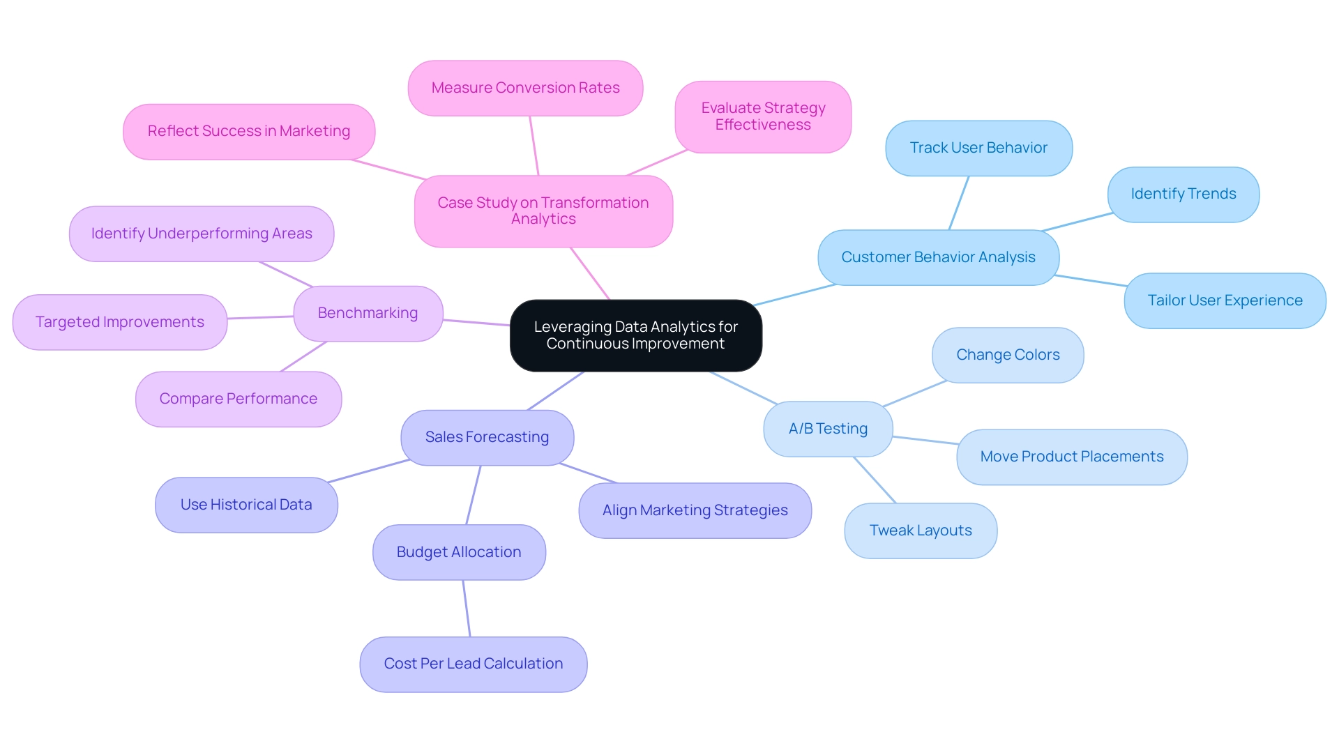 Each branch represents a strategy for leveraging data analytics, with distinct colors to differentiate them and connecting lines showing their relationship to the central theme.