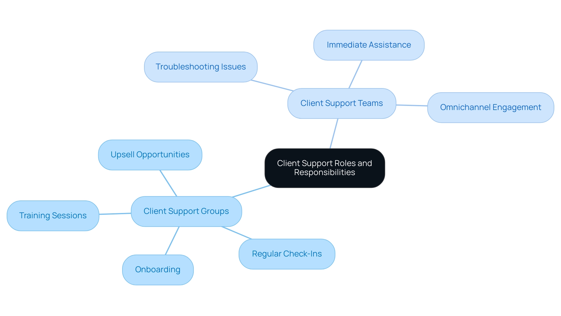 The central node represents overall client support, with branches for groups and teams, each showing their specific roles and responsibilities.