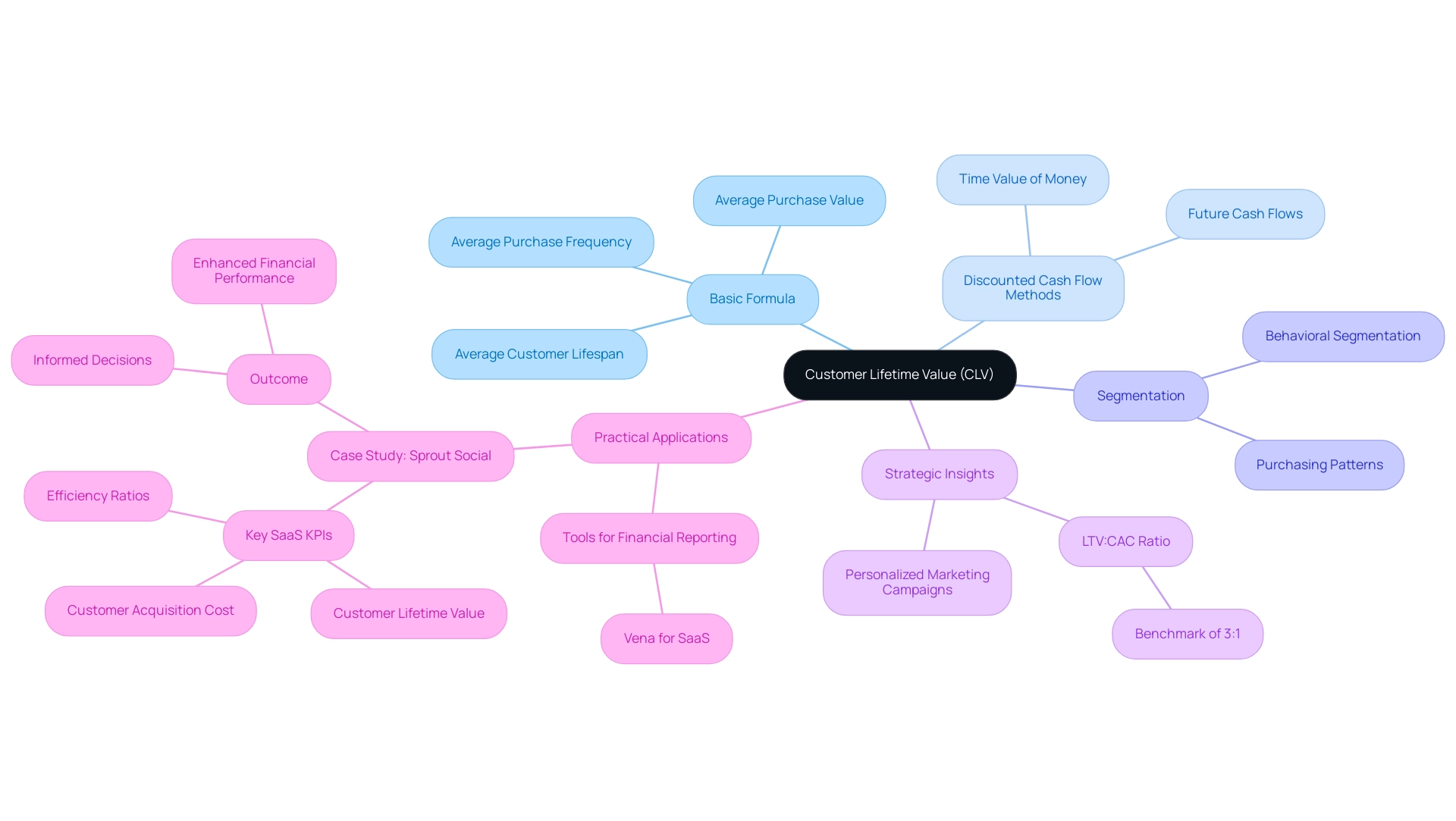 Central node represents CLV, with branches for key components and sub-branches detailing specific elements related to each component.