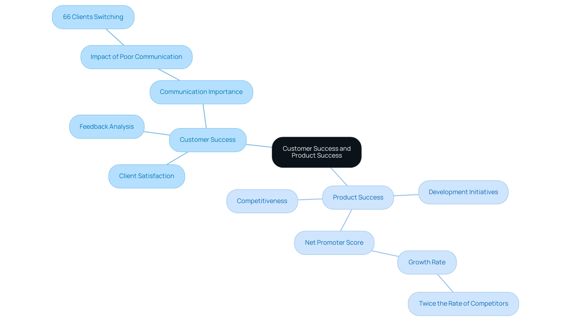 The central node represents the overall theme, with branches illustrating the key components of customer success and product success and their relationships.