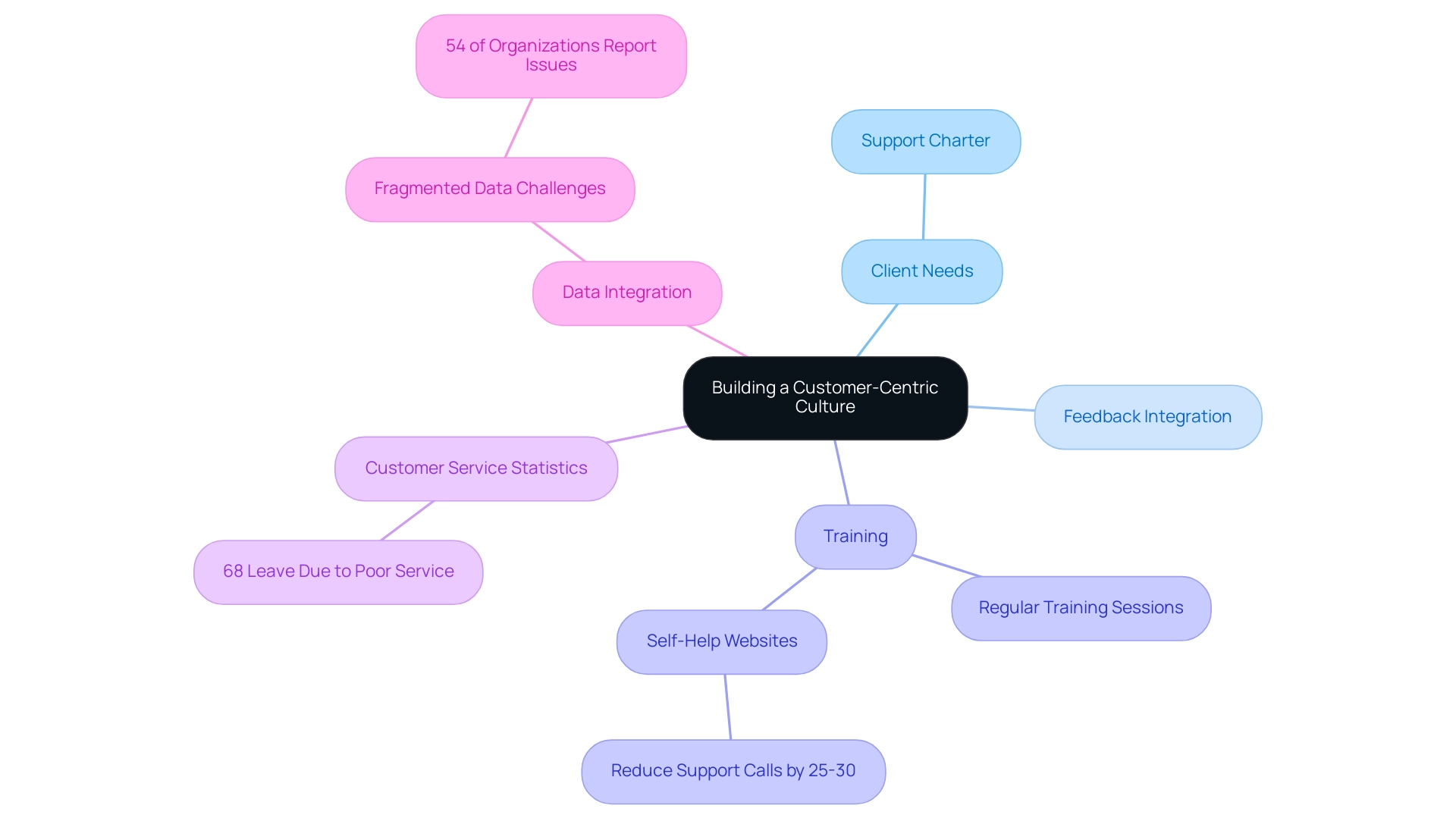 The central node represents the customer-centric culture, with branches showing key areas and their respective practices or statistics.