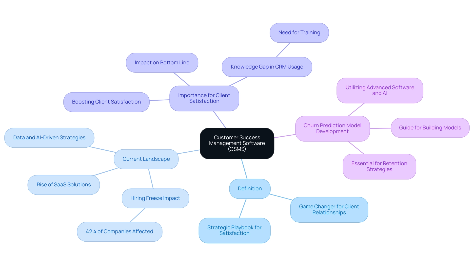 The central node represents CSMS, with branches indicating its definition, current challenges, importance, and specific examples like Churn Prediction, each highlighted by a distinct color.