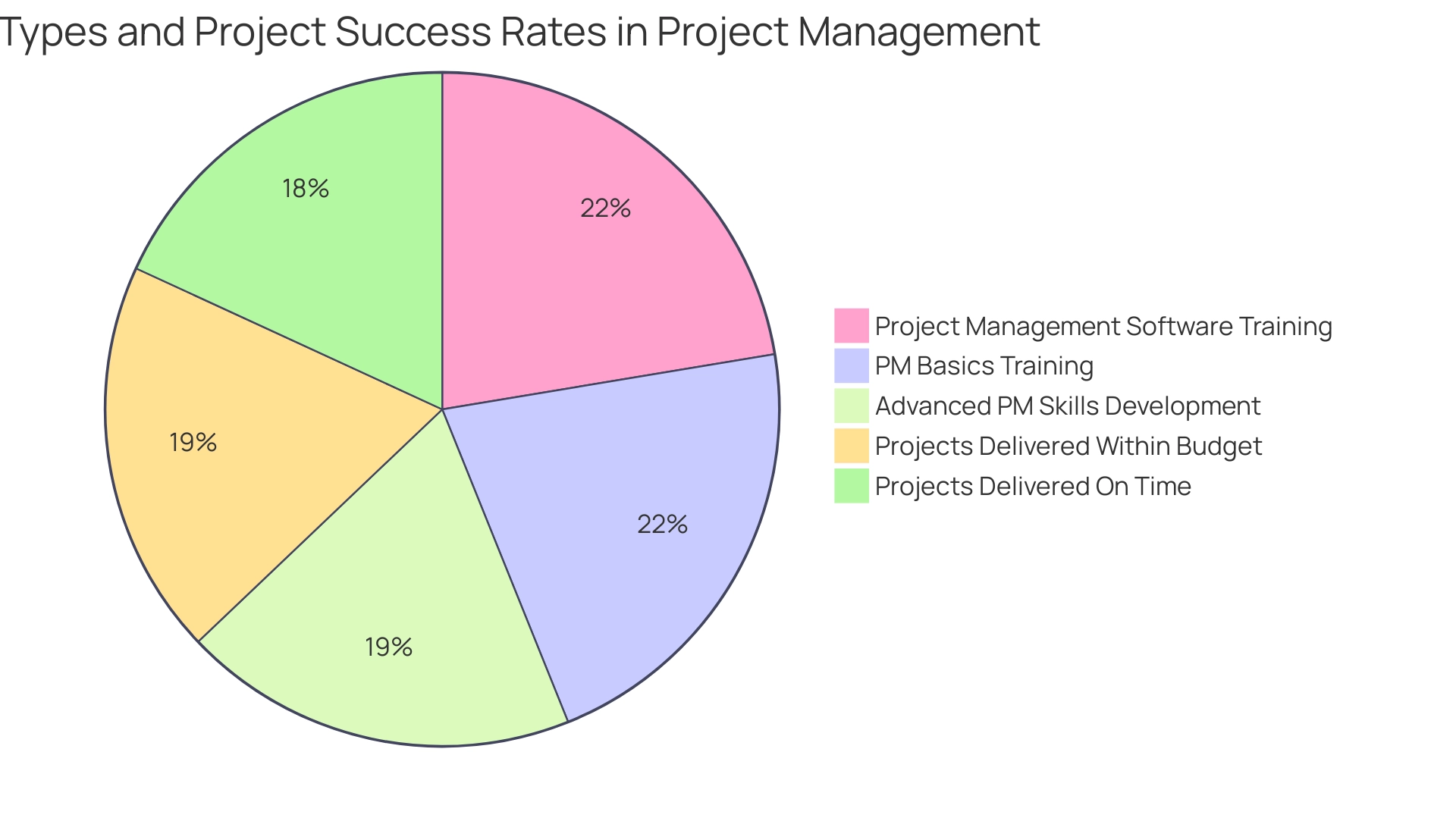 Each segment represents a type of training or project success metric, with slice sizes corresponding to the percentage of organizations utilizing each training type or achieving project success.