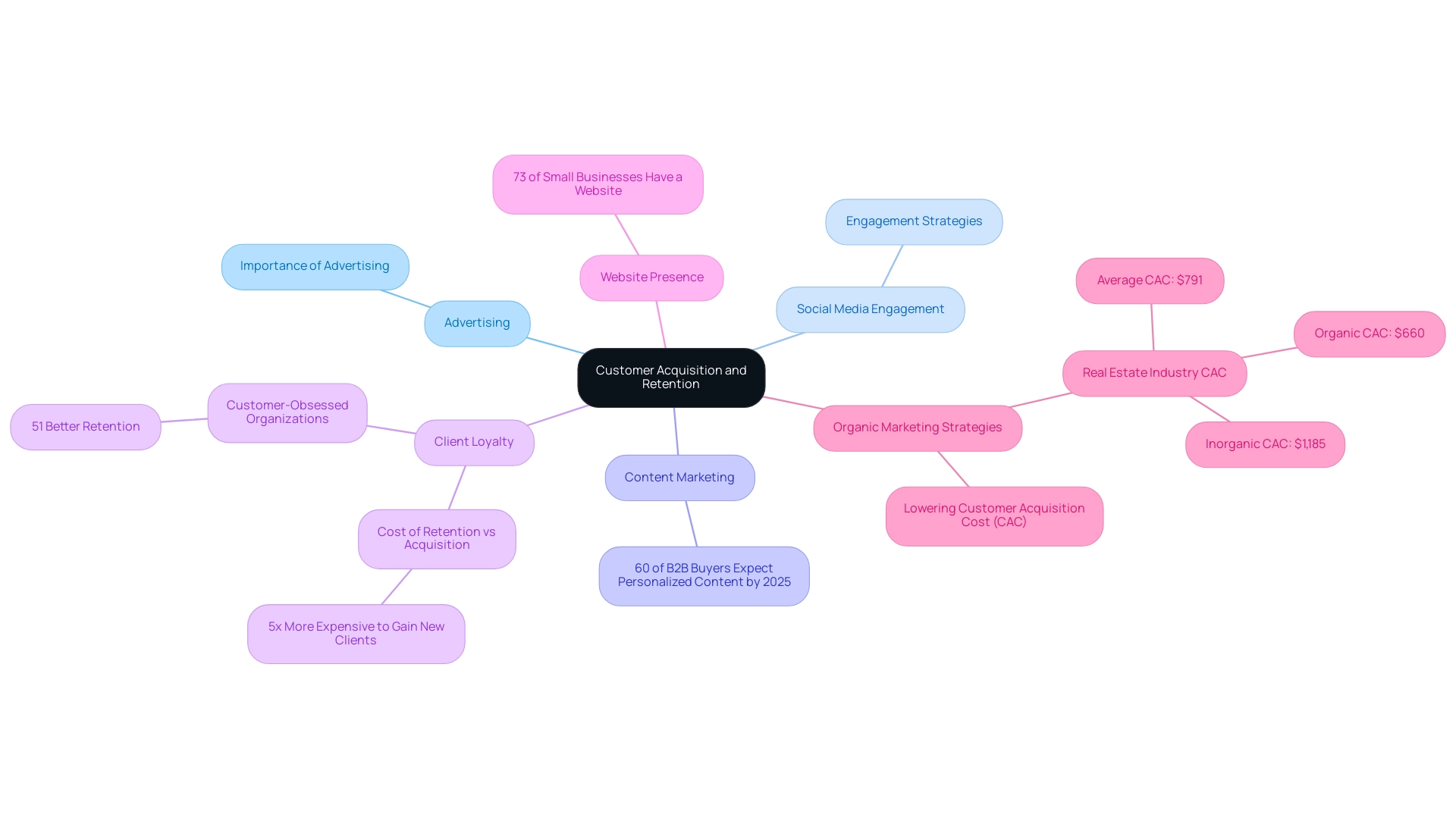 Main branches represent different strategies for customer acquisition and retention; sub-branches contain related statistics and insights.