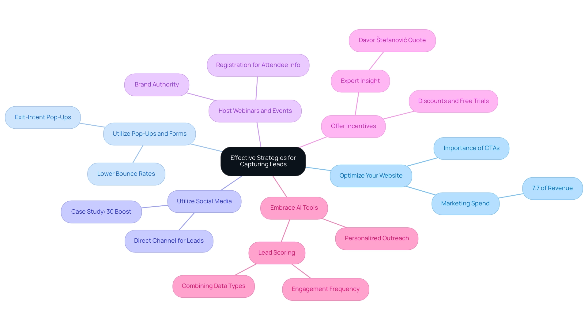 Each branch represents a strategy for lead capture, with colors indicating categories or types of strategies.