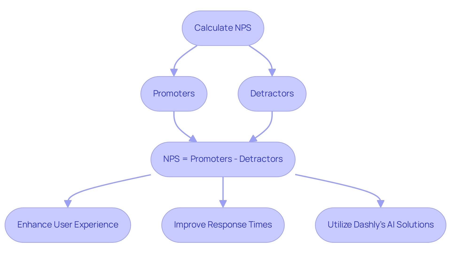 Each box represents a step or factor in the NPS process, with colors indicating different categories (calculation, factors impacting NPS, and improvement strategies).